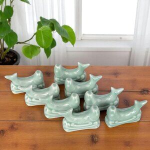 Knife Chopstick Rests Ceramic Lot Of 8 Celadon Green Koi Fish Waves Chop Stick